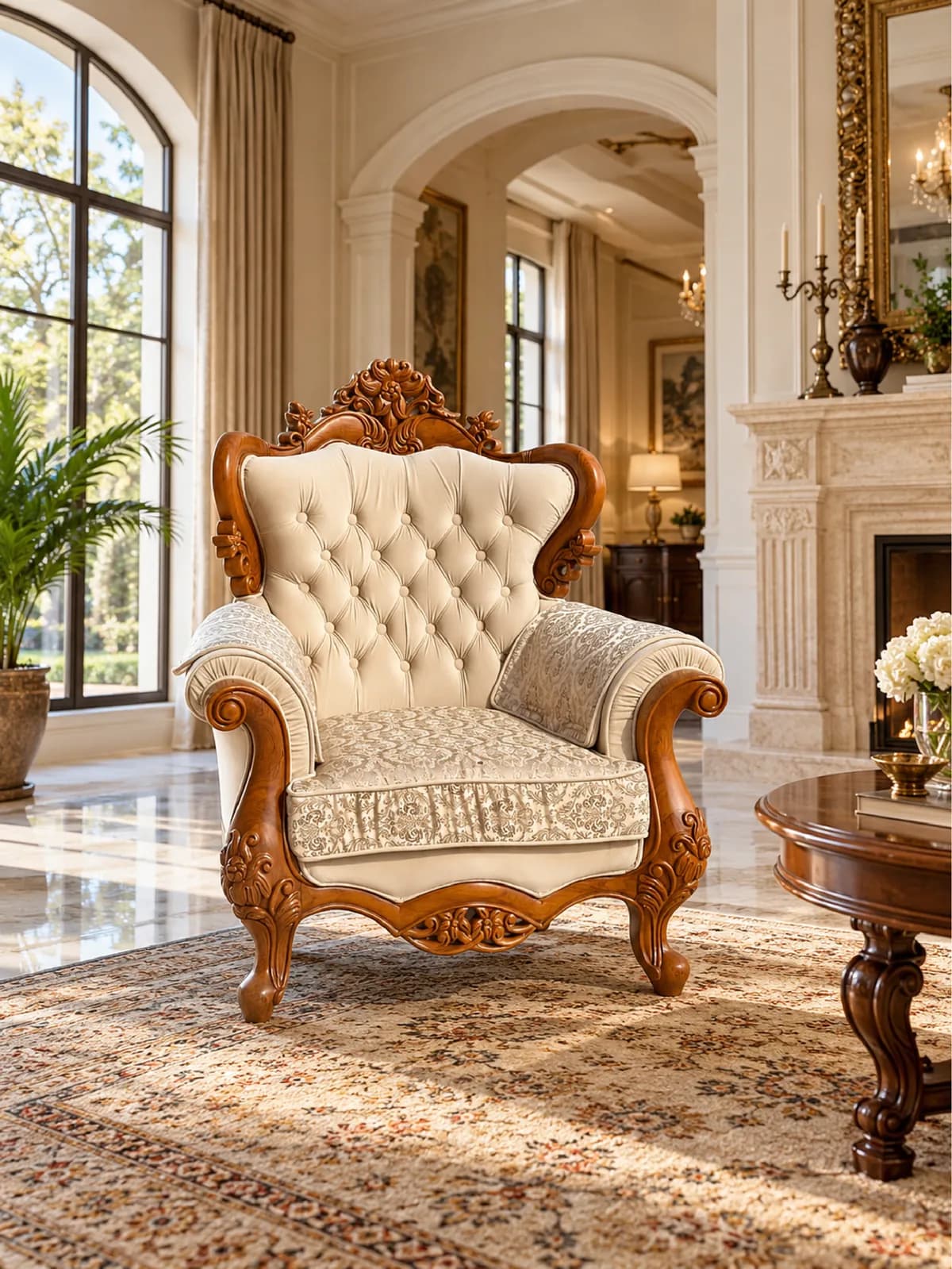 Carved teak armchair with tufted cream upholstery