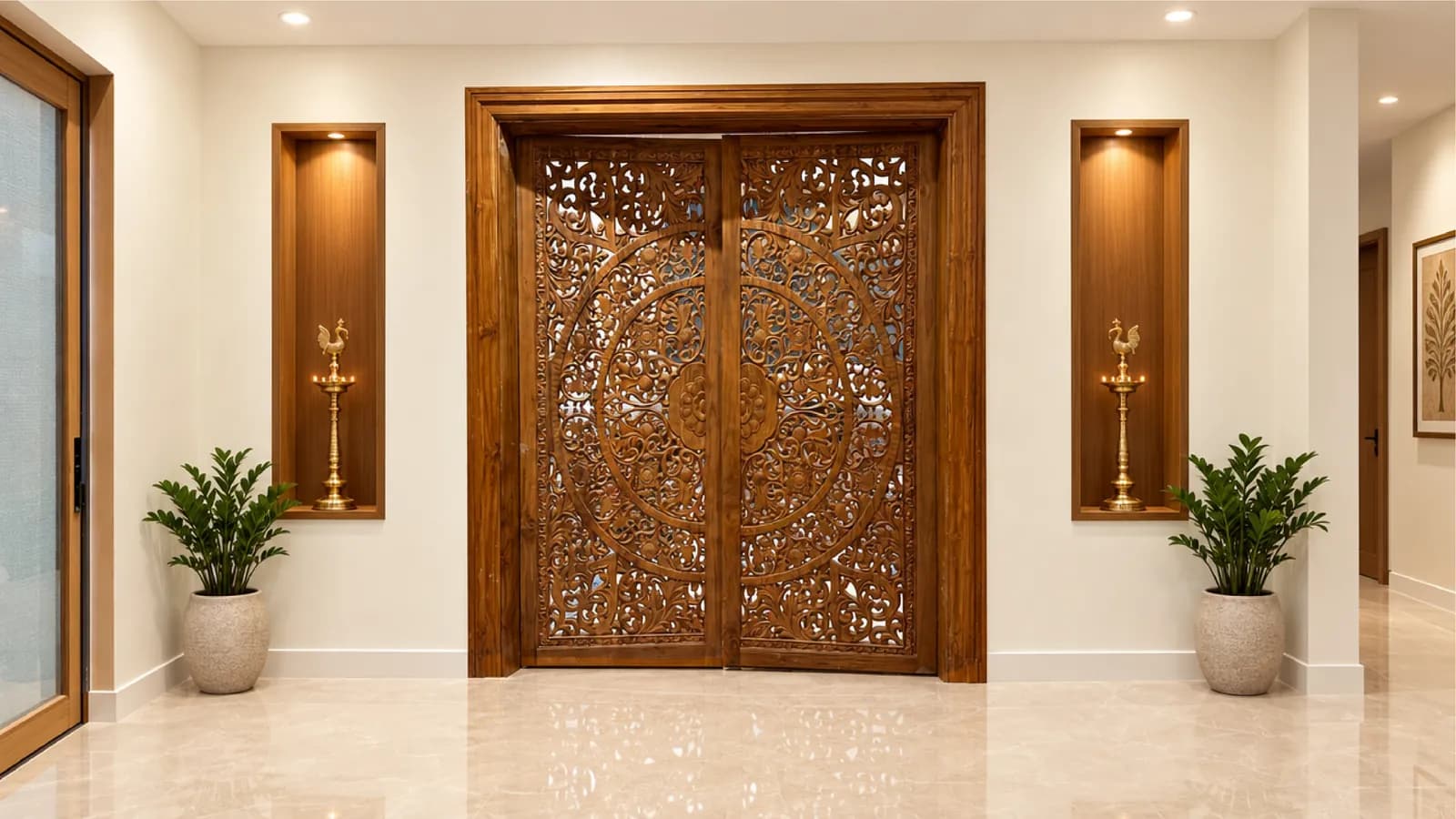 Carved teak double door framed by brass lamps