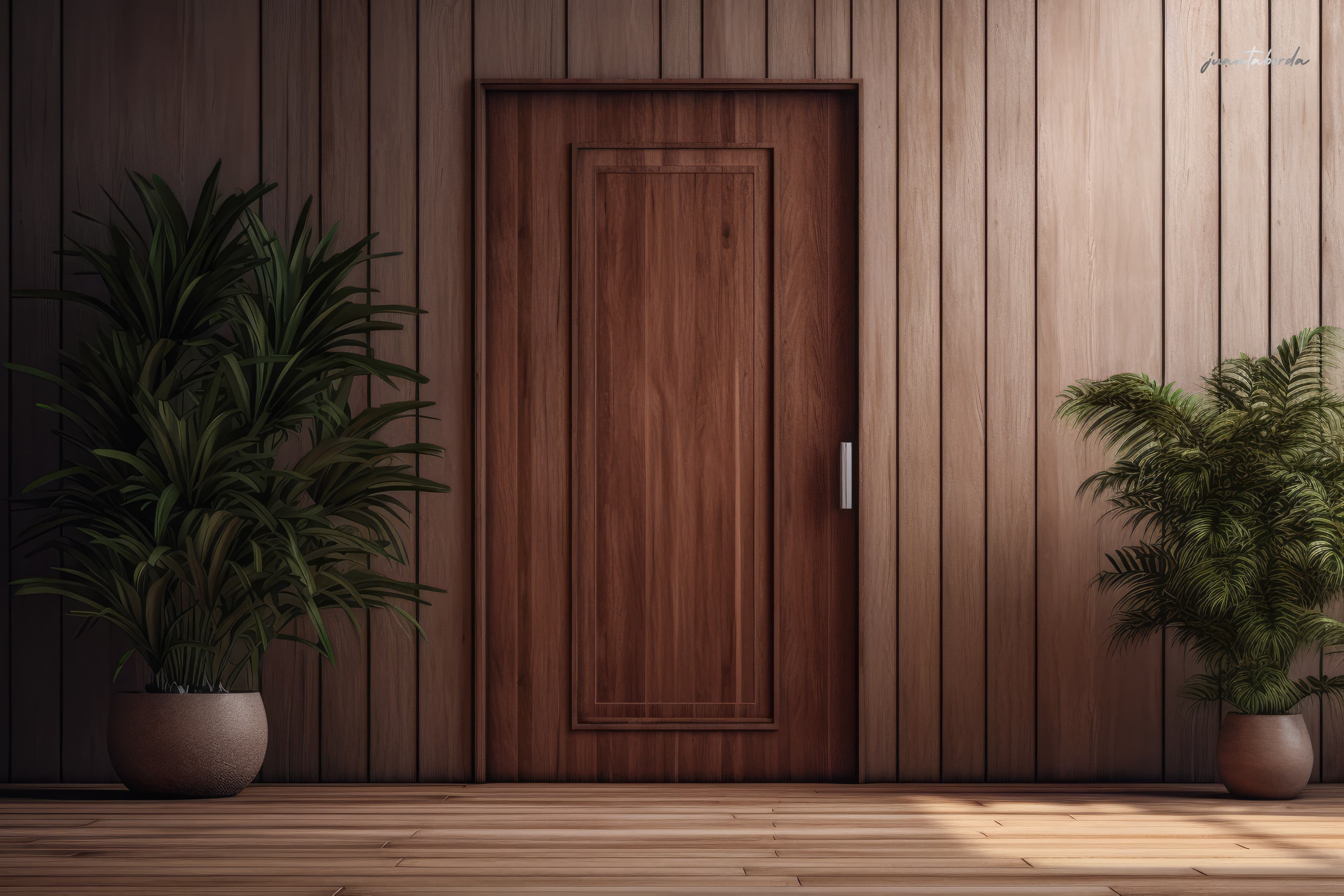 A grand hand-carved teak villa entrance door, twenty feet tall