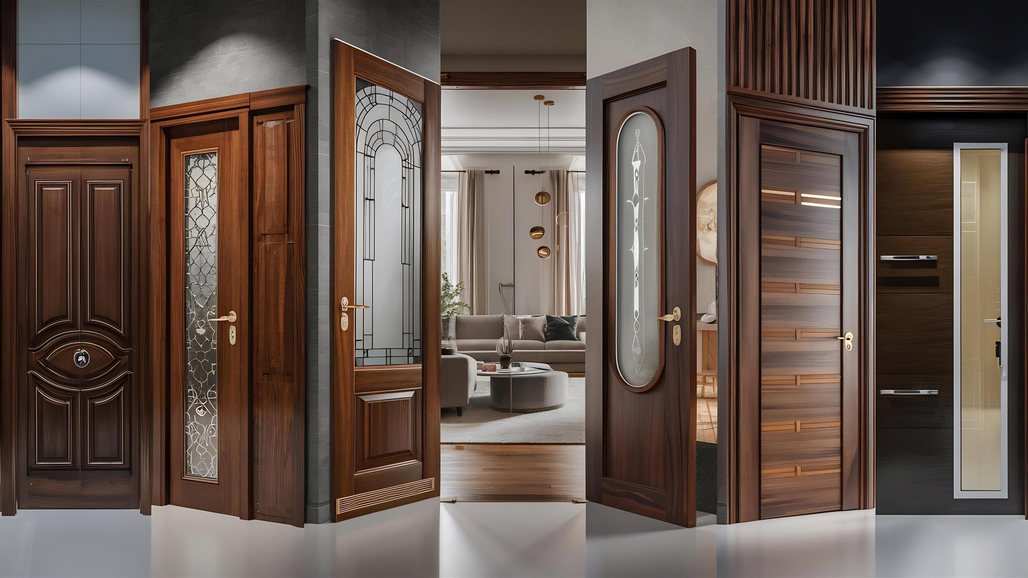 A row of hand-carved solid teak doors opening onto a warm living room