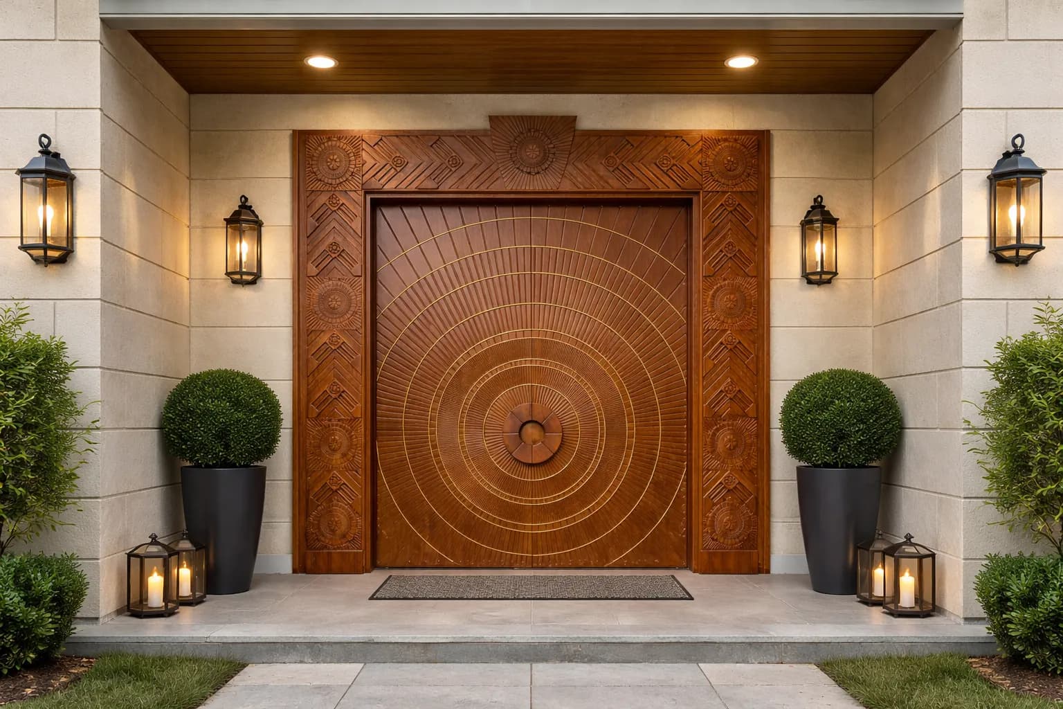 A grand hand-carved teak villa door with a radiating sunburst field