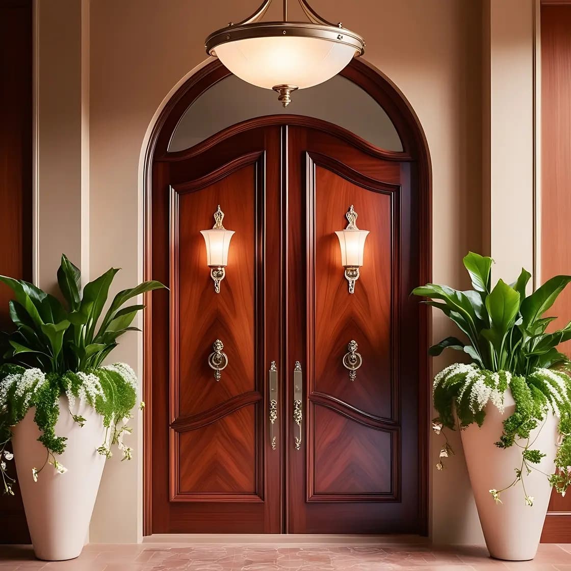 A hand-carved teak door showcasing one of Radha Doors' signature styles