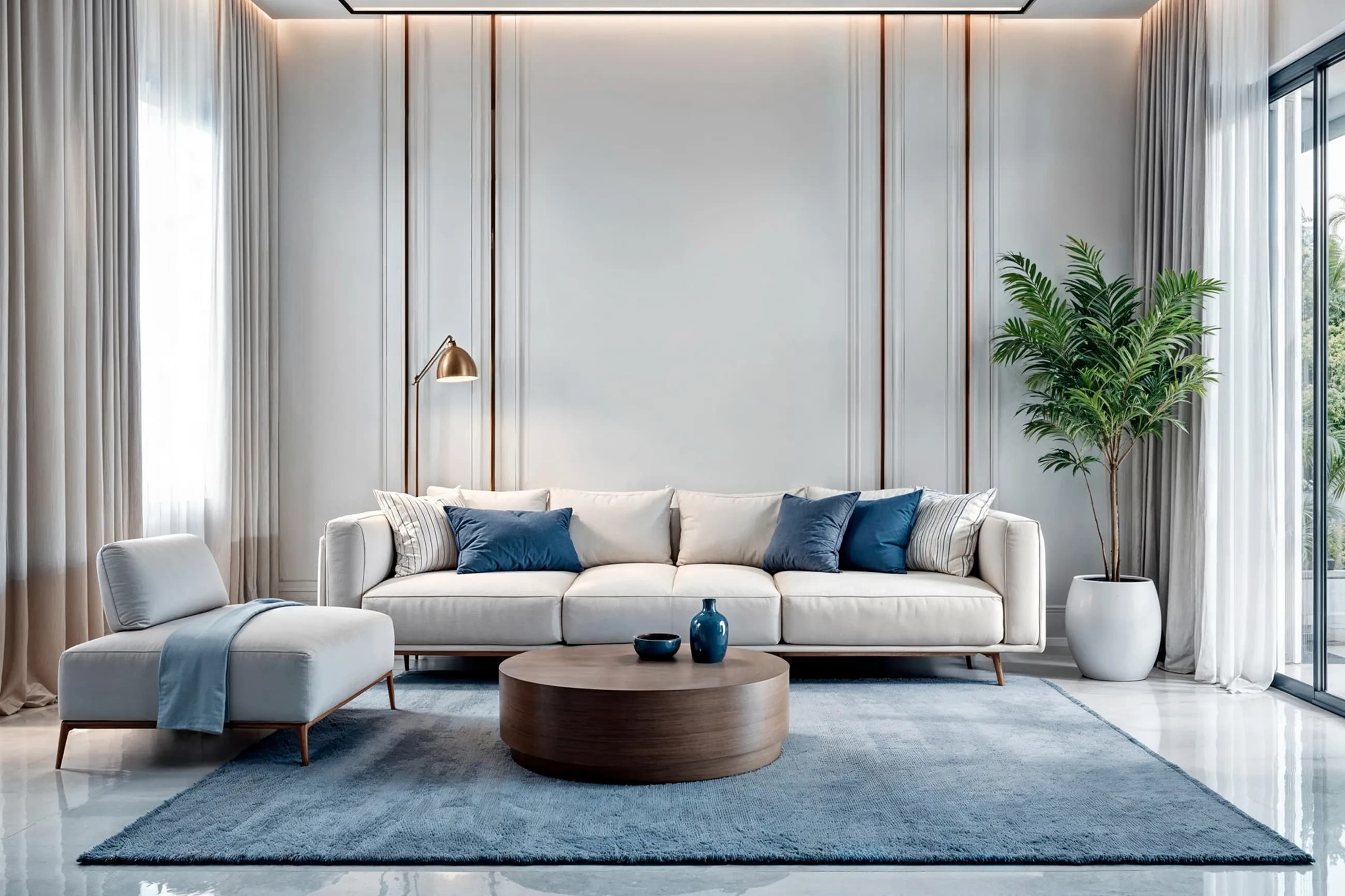 A warm, teak-panelled living room styled with Radha Doors furniture